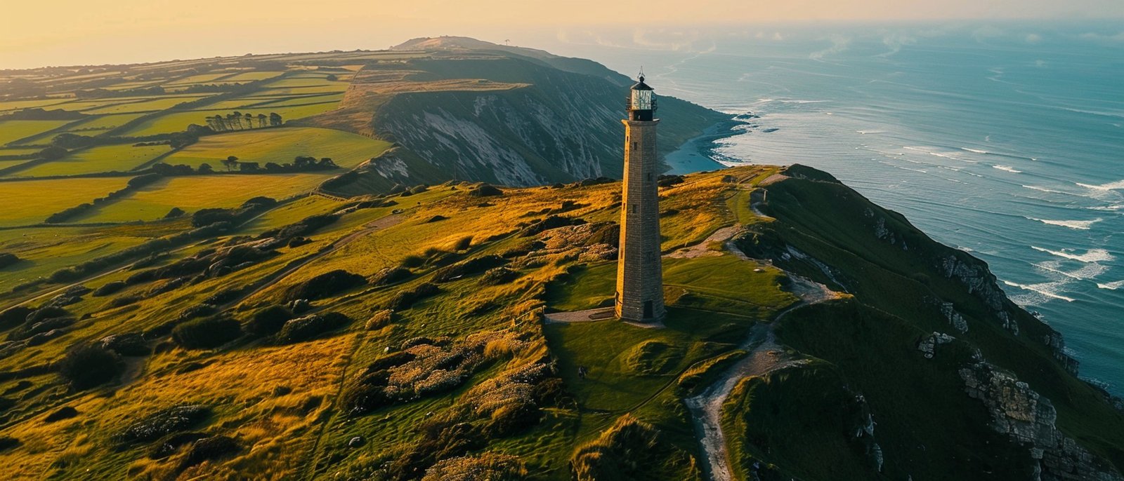 Aerial view of a lighthouse on a green coastal headland at golden hour